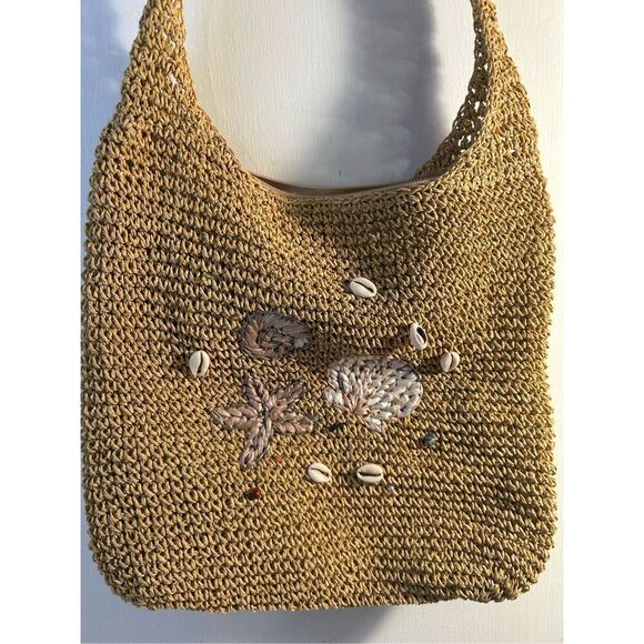 Natural Beach shoulder tote woven bag Seashells zipper 13" - Picture 2 of 7